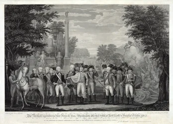 Die Briten übergeben ihre Waffen an General Washington nach der Niederlage bei York Town in Virginia, Oktober 1781, veröffentlicht 1819